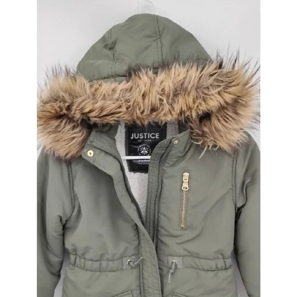 Justice Olive Green Fur Hood Sherpa Long Winter Coat Jacket Label Detail S 7/8